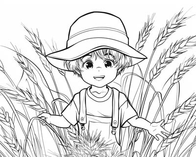 coloring page of playing hide and seek in the wheat field