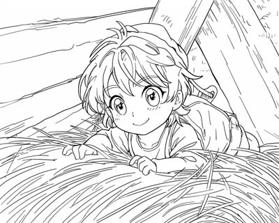 coloring page of playing in the hay