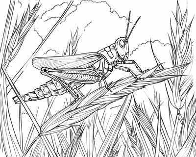 coloring page of a grasshopper in the wheat field
