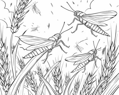 coloring page of locusts in the wheat field