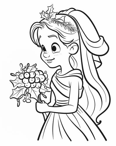 coloring page of a bride with a bouquet of holly