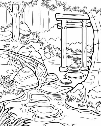 coloring page of a zen garden with flowing water