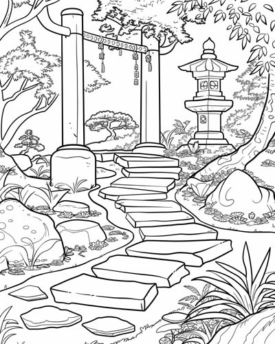 coloring page of a zen garden