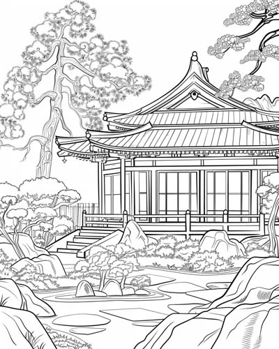 coloring page of a zen garden