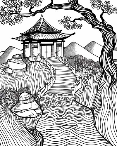 coloring page of a zen garden