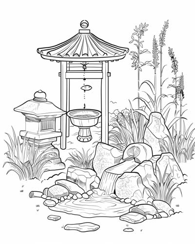 coloring page of a zen garden
