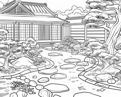 coloring page of a zen garden path
