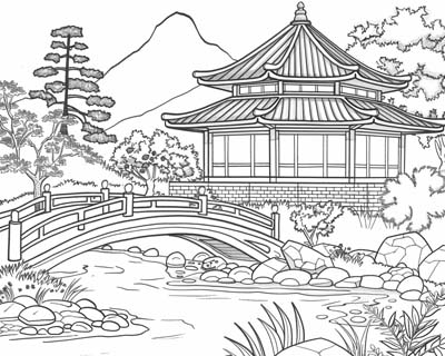 coloring page of a zen garden with a bridge