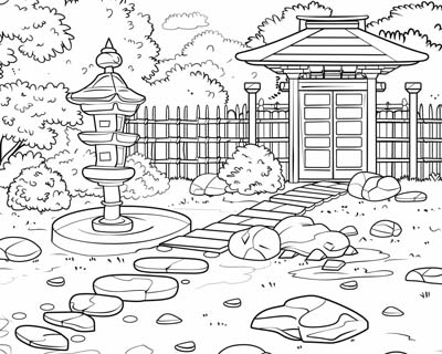 coloring page of a zen garden