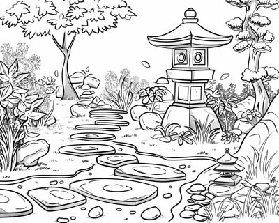 coloring page of a zen garden