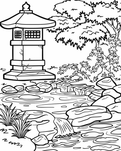 coloring page of a zen garden with flowing water