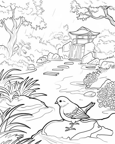 coloring page of a bird in a zen garden