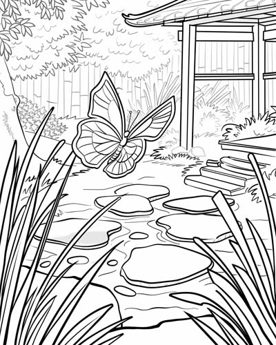 coloring page of a butterfly in a zen garden