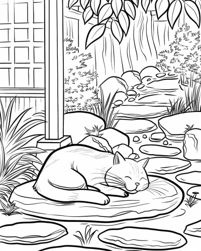 coloring page of a cat in a zen garden