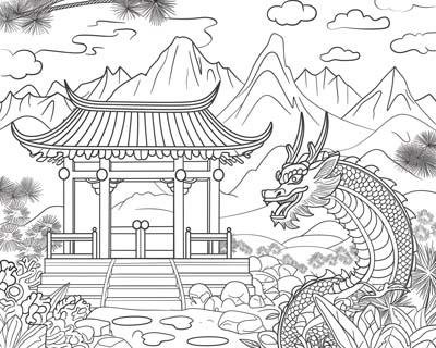 coloring page of a dragon in a zen garden