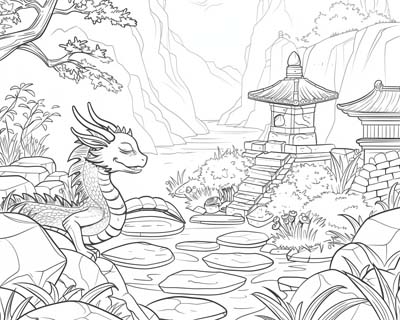 coloring page of a dragon in a zen garden