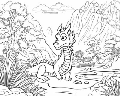 coloring page of a dragon in a zen garden