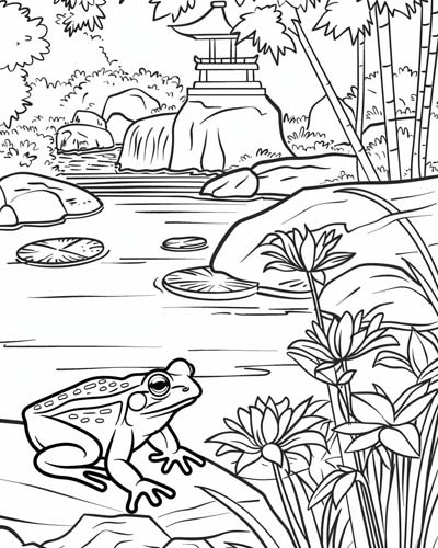 coloring page of a frog in a zen garden