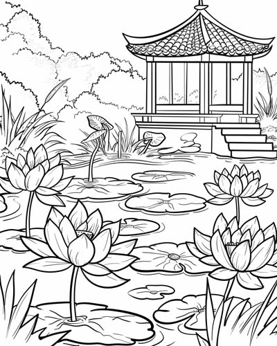 coloring page of lotus flowers in a zen garden