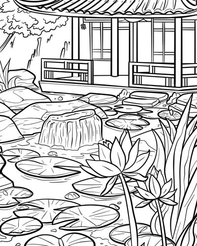 coloring page of lotus flowers in a zen garden
