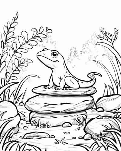 coloring page of a salamander in a zen garden