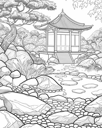 coloring page of a zen garden with stones