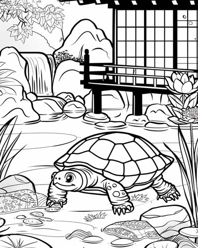 coloring page of a turtle in a zen garden
