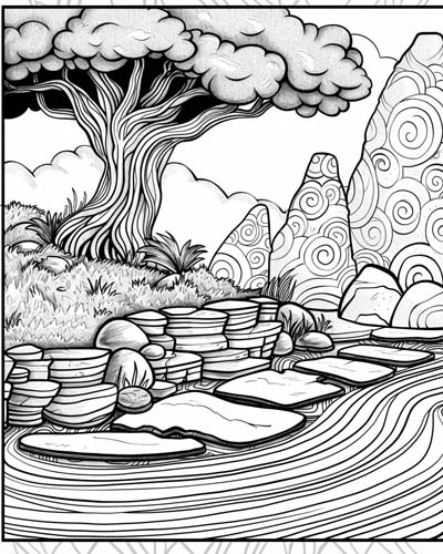 coloring page of a zen garden