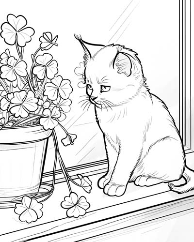 coloring page of a shamrock kitten