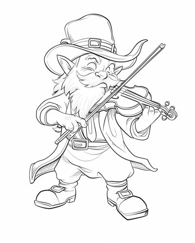 coloring page of a leprechaun playing a fiddle