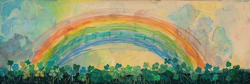 pencil crayon drawing of a rainbow and shamrocks