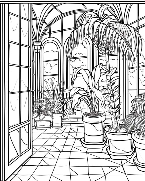 coloring page of the conservatory from Clue