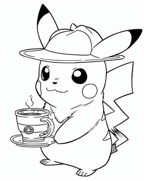 coloring page of Detective Pikachu with coffee