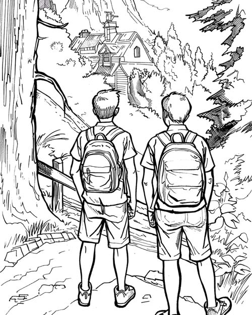 coloring page of the Hardy Boys and a cabin in the woods