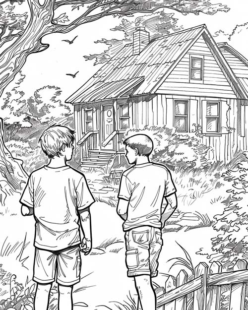 coloring page of the Hardy Boys and a spooky shack