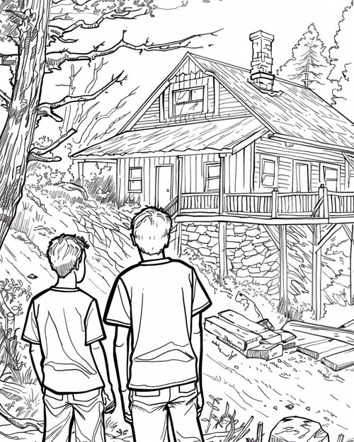 coloring page of the Hardy Boys and an abandoned building