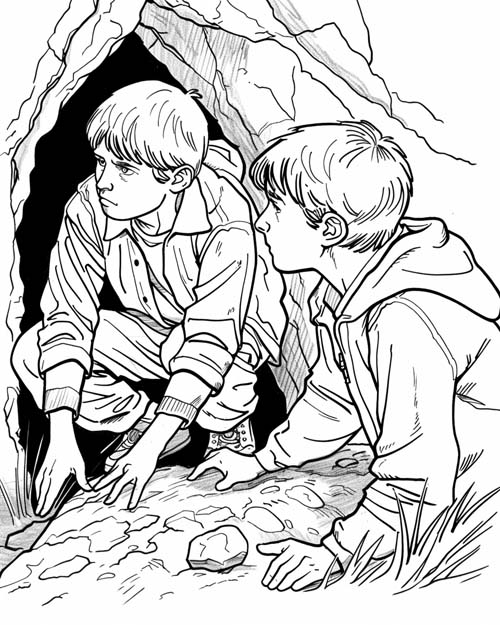 coloring page of the Hardy Boys exploring a cave