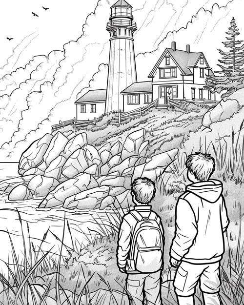 coloring page of the Hardy Boys and a lighthouse