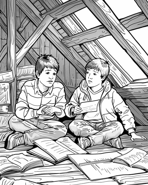 coloring page of the Hardy Boys searching an attic
