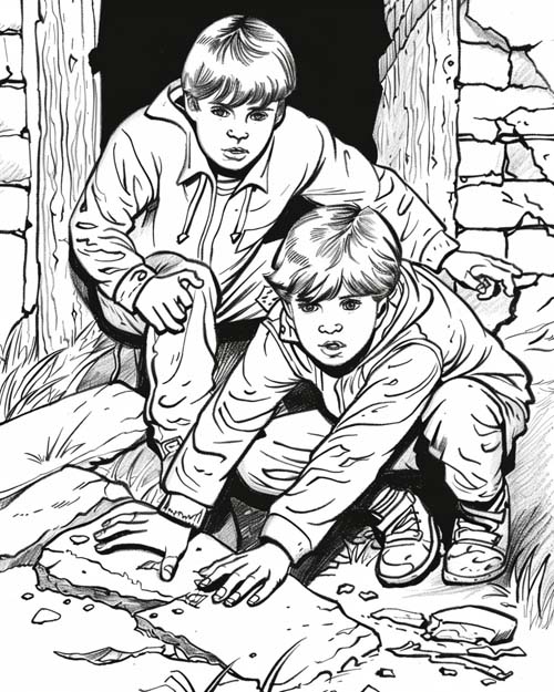 coloring page of the Hardy Boys crawling out of a tunnel
