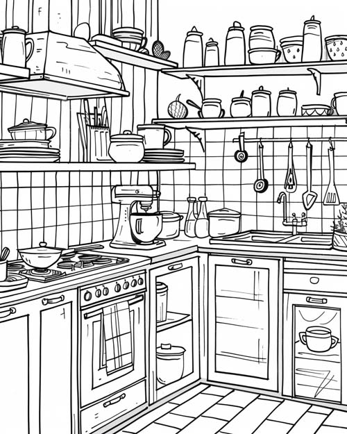 coloring page of the kitchen from Clue