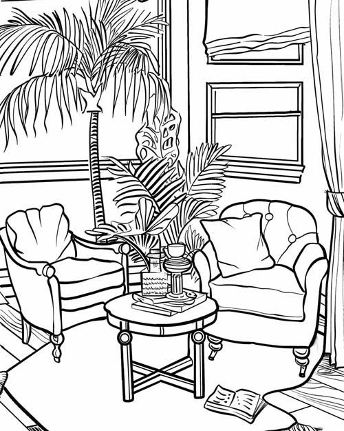coloring page of the lounge from Clue