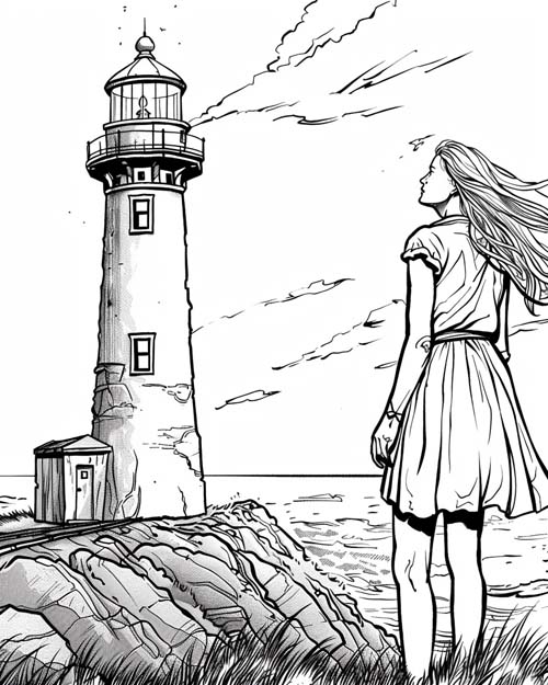 coloring page of Nancy Drew and a lighthouse