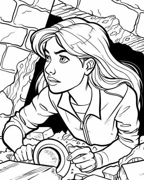 coloring page of Nancy Drew in a secret tunnel