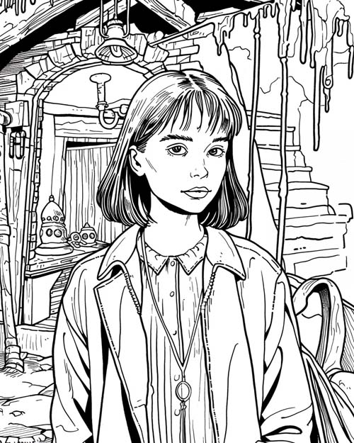 coloring page of Nancy Drew in a secret basement