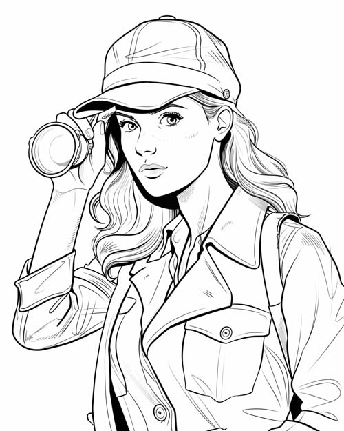 coloring page of Nancy Drew with a flashlight