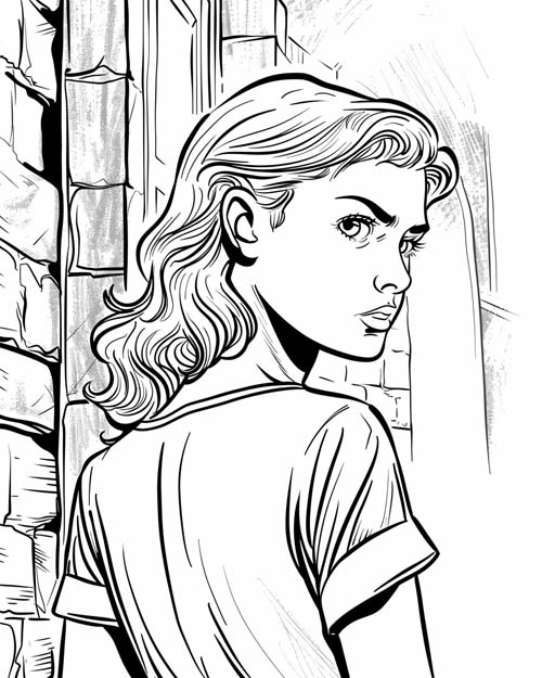 coloring page of Nancy Drew exploring