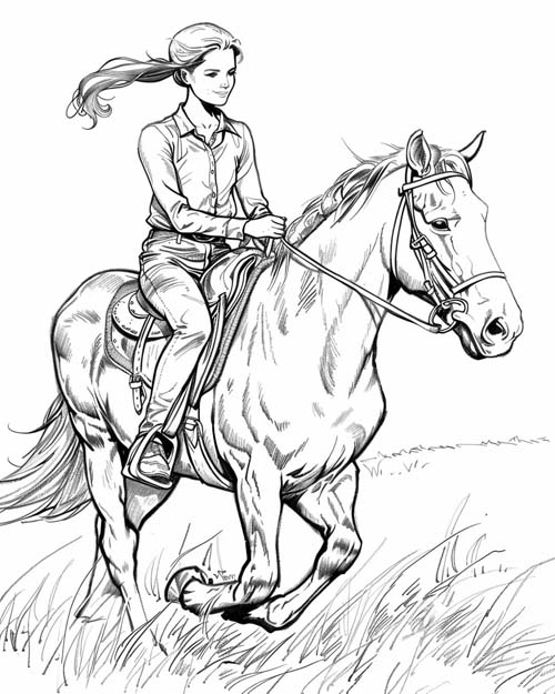 coloring page of Nancy Drew riding a horse