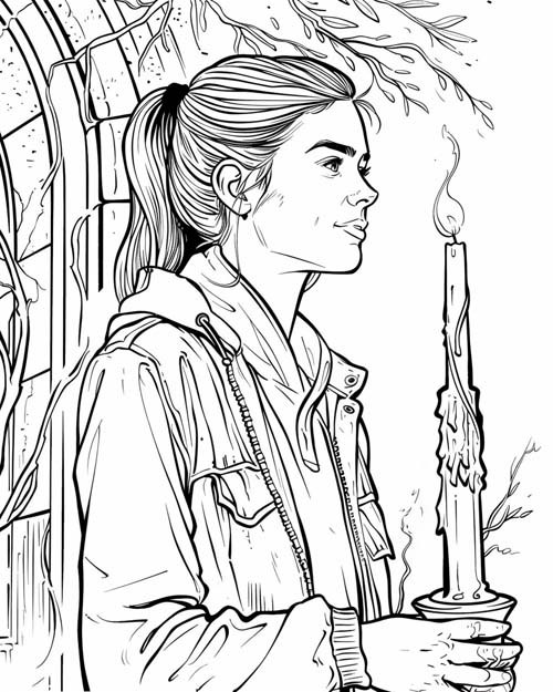 coloring page of Nancy Drew with a candle
