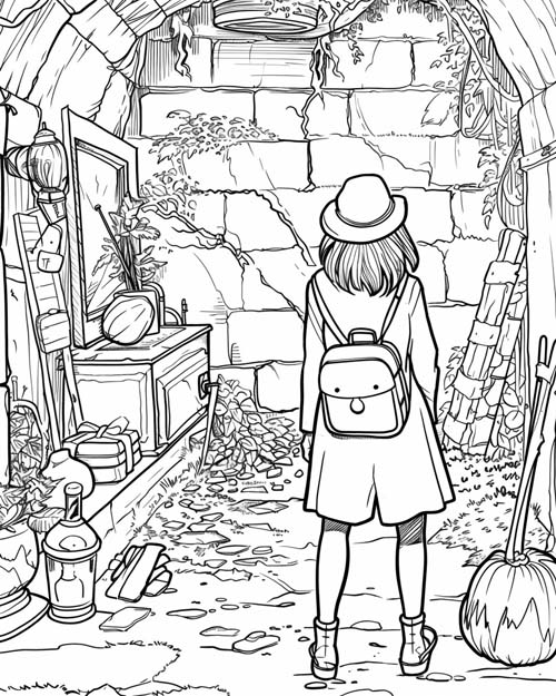 coloring page of Nancy Drew in a cellar